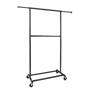 fishat simple standard double rod rolling clothing garment rack for hanging clothes, metal clothes organizer with lockable wheels (black)
