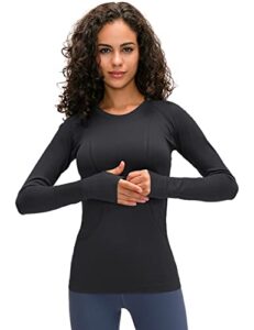 luyaa women's workout tops long sleeve shirts yoga sports running seamless breathable gym athletic top slim fit black