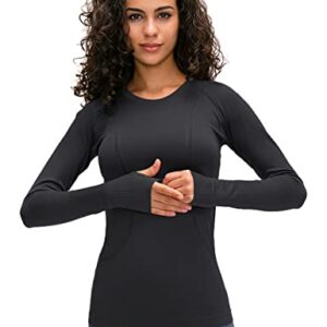 LUYAA Women's Workout Tops Long Sleeve Shirts Yoga Sports Running Seamless Breathable Gym Athletic Top Slim Fit Black