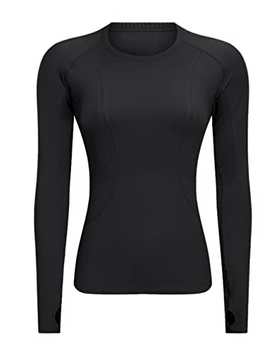 LUYAA Women's Workout Tops Long Sleeve Shirts Yoga Sports Running Seamless Breathable Gym Athletic Top Slim Fit Black