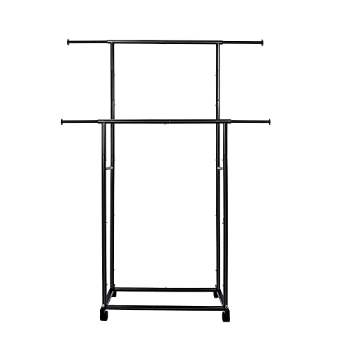 Fishat Simple Standard 2 Double Rod Clothing Metal Garment Rack for Hanging Clothes, Rolling Clothes Organizer on Lockable Wheels Mobile (Black)