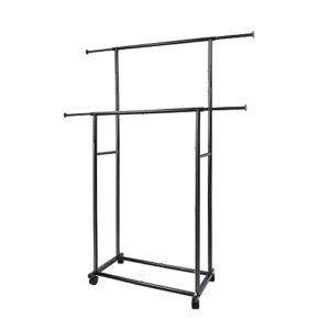 fishat simple standard 2 double rod clothing metal garment rack for hanging clothes, rolling clothes organizer on lockable wheels mobile (black)