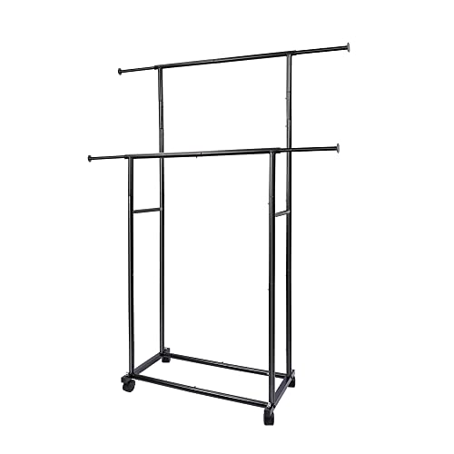 Fishat Simple Standard 2 Double Rod Clothing Metal Garment Rack for Hanging Clothes, Rolling Clothes Organizer on Lockable Wheels Mobile (Black)