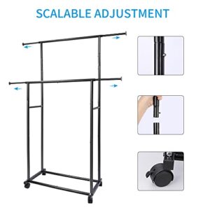 Fishat Simple Standard 2 Double Rod Clothing Metal Garment Rack for Hanging Clothes, Rolling Clothes Organizer on Lockable Wheels Mobile (Black)