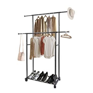 Fishat Simple Standard 2 Double Rod Clothing Metal Garment Rack for Hanging Clothes, Rolling Clothes Organizer on Lockable Wheels Mobile (Black)