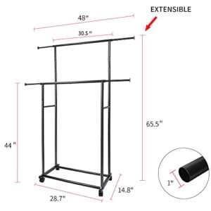 Fishat Simple Standard 2 Double Rod Clothing Metal Garment Rack for Hanging Clothes, Rolling Clothes Organizer on Lockable Wheels Mobile (Black)