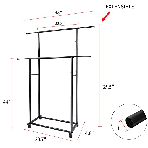 Fishat Simple Standard 2 Double Rod Clothing Metal Garment Rack for Hanging Clothes, Rolling Clothes Organizer on Lockable Wheels Mobile (Black)