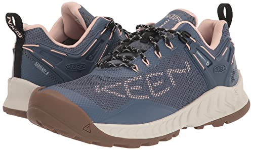 KEEN Women's-NXIS Evo Low Height Waterproof Fast Packing Hiking Shoes, Vintage Indigo/Peachy, 7.5