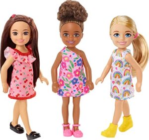 barbie chelsea dolls, set of 3: 1 blonde & 2 brunette small dolls with removable dresses & shoes, colorful prints (amazon exclusive)