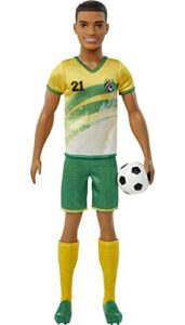 barbie soccer ken doll with short cropped hair, colorful #21 uniform, cleats, & tall socks, soccer ball 11.5 inches