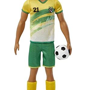 Barbie Soccer Ken Doll with Short Cropped Hair, Colorful #21 Uniform, Cleats, & Tall Socks, Soccer Ball 11.5 inches