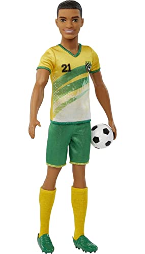 Barbie Soccer Ken Doll with Short Cropped Hair, Colorful #21 Uniform, Cleats, & Tall Socks, Soccer Ball 11.5 inches