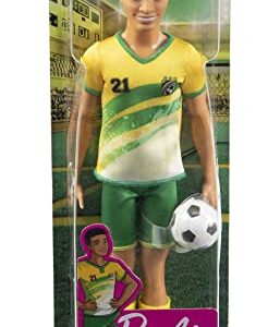 Barbie Soccer Ken Doll with Short Cropped Hair, Colorful #21 Uniform, Cleats, & Tall Socks, Soccer Ball 11.5 inches