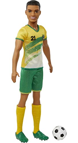 Barbie Soccer Ken Doll with Short Cropped Hair, Colorful #21 Uniform, Cleats, & Tall Socks, Soccer Ball 11.5 inches