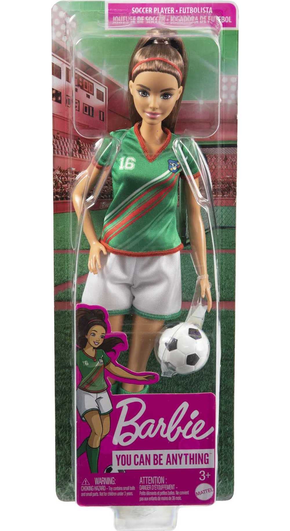 Barbie Soccer Fashion Doll with Brunette Ponytail, Colorful #16 Uniform, Cleats & Tall Socks, Soccer Ball 11.5 inches