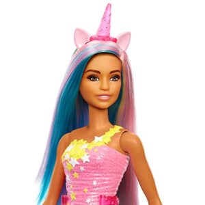 Barbie Dreamtopia Doll with Removable Unicorn Headband & Tail, Blue & Purple Fantasy Hair & Cloudy Star-Print Skirt, Unicorn Toy