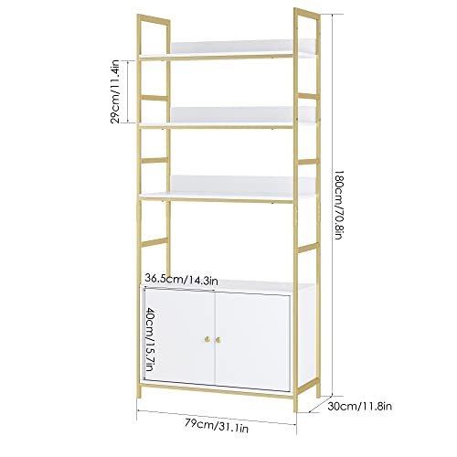 finetones Bookshelf with 2 Cabinets, 71" White and Gold Bookshelf with Doors and Metal Frame, Free Standing Bookshelf Cabinet Display Storage Rack Shelves for Bedroom Living Room Office