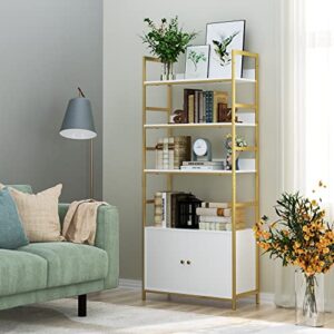 finetones Bookshelf with 2 Cabinets, 71" White and Gold Bookshelf with Doors and Metal Frame, Free Standing Bookshelf Cabinet Display Storage Rack Shelves for Bedroom Living Room Office