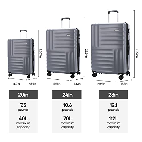 GinzaTravel Luggage Sets 3-Piece Expandable Suitcases with 4 Wheels PC+ABS Durable Hardside Luggage sets TSA lock(Gray, 3-Piece Set(20"/24"/28"))
