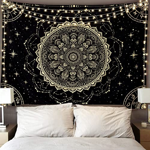 FLY SPRAY Black Golden Mandala Tapestry Astrology Wall Hanging Wall Tapestry Aesthetic Hippie Wall Decor Bohemian Wall Art Boho Home Decoration for Bedroom,Living Room,Dorm