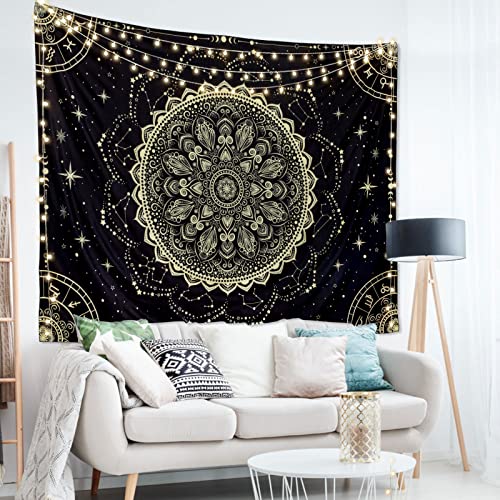 FLY SPRAY Black Golden Mandala Tapestry Astrology Wall Hanging Wall Tapestry Aesthetic Hippie Wall Decor Bohemian Wall Art Boho Home Decoration for Bedroom,Living Room,Dorm