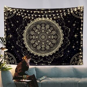 FLY SPRAY Black Golden Mandala Tapestry Astrology Wall Hanging Wall Tapestry Aesthetic Hippie Wall Decor Bohemian Wall Art Boho Home Decoration for Bedroom,Living Room,Dorm