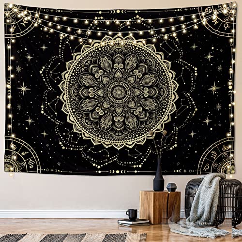 FLY SPRAY Black Golden Mandala Tapestry Astrology Wall Hanging Wall Tapestry Aesthetic Hippie Wall Decor Bohemian Wall Art Boho Home Decoration for Bedroom,Living Room,Dorm