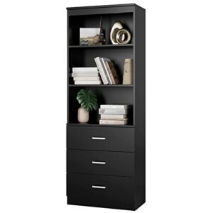 fotosok 71 inches tall storage cabinet, bookcase with 3 drawers and 3-tier open shelves, wooden bookshelf storage organizer for living room, study, kitchen, home office, black