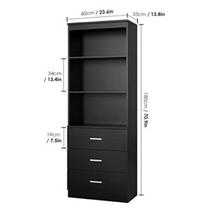 FOTOSOK 71 Inches Tall Storage Cabinet, Bookcase with 3 Drawers and 3-Tier Open Shelves, Wooden Bookshelf Storage Organizer for Living Room, Study, Kitchen, Home Office, Black