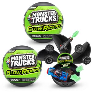 5 surprise monster trucks glow riders series 2 by zuru (2 pack) glow in the dark, miniature mystery collectible capsules, mini toy truck, battle toys for boys, kids, teens
