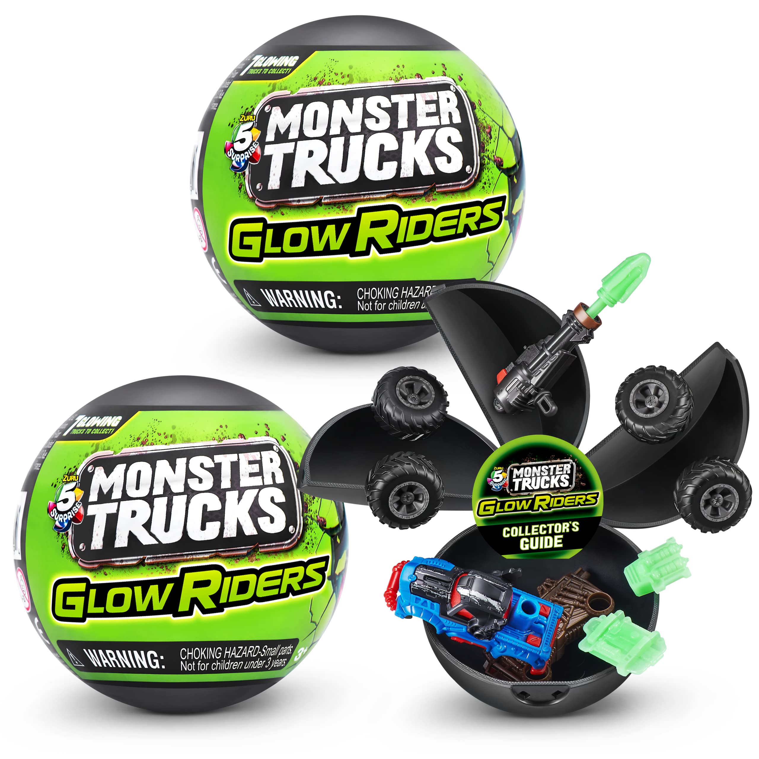 5 Surprise Monster Trucks Glow Riders Series 2 by ZURU (2 Pack) Glow in The Dark, Miniature Mystery Collectible Capsules, Mini Toy Truck, Battle Toys for Boys, Kids, Teens