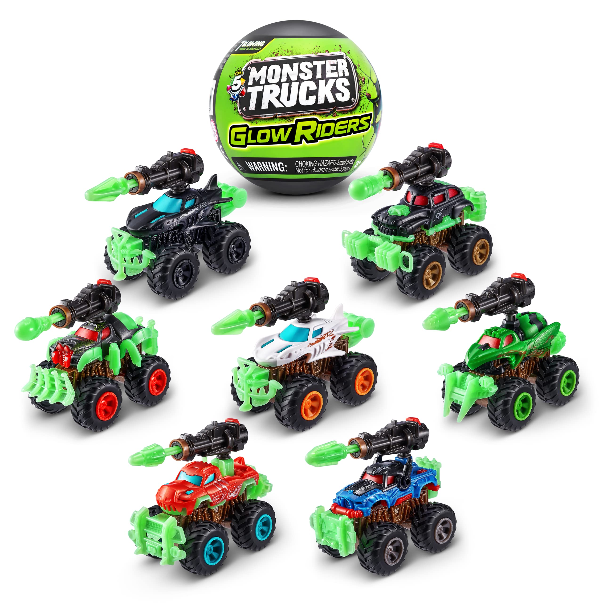 5 Surprise Monster Trucks Glow Riders Series 2 by ZURU (2 Pack) Glow in The Dark, Miniature Mystery Collectible Capsules, Mini Toy Truck, Battle Toys for Boys, Kids, Teens