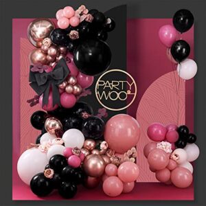 partywoo 140 pcs pink balloon arch kit, black and hot pink balloon garland with rose gold 4d balloons, dusty rose metallic balloons for birthday decorations, wedding decorations, bachelorette party