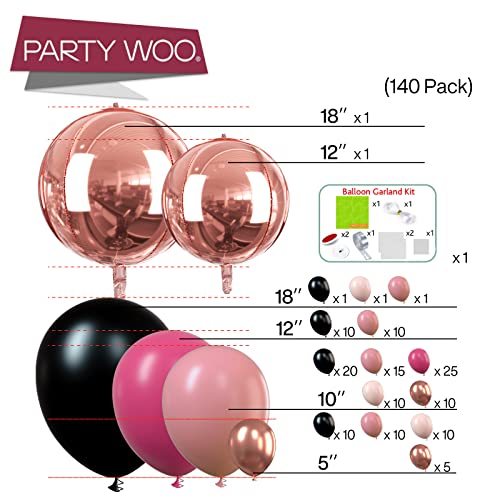 PartyWoo 140 pcs Pink Balloon Arch Kit, Black and Hot Pink Balloon Garland with Rose Gold 4D Balloons, Dusty Rose Metallic Balloons for Birthday Decorations, Wedding Decorations, Bachelorette Party