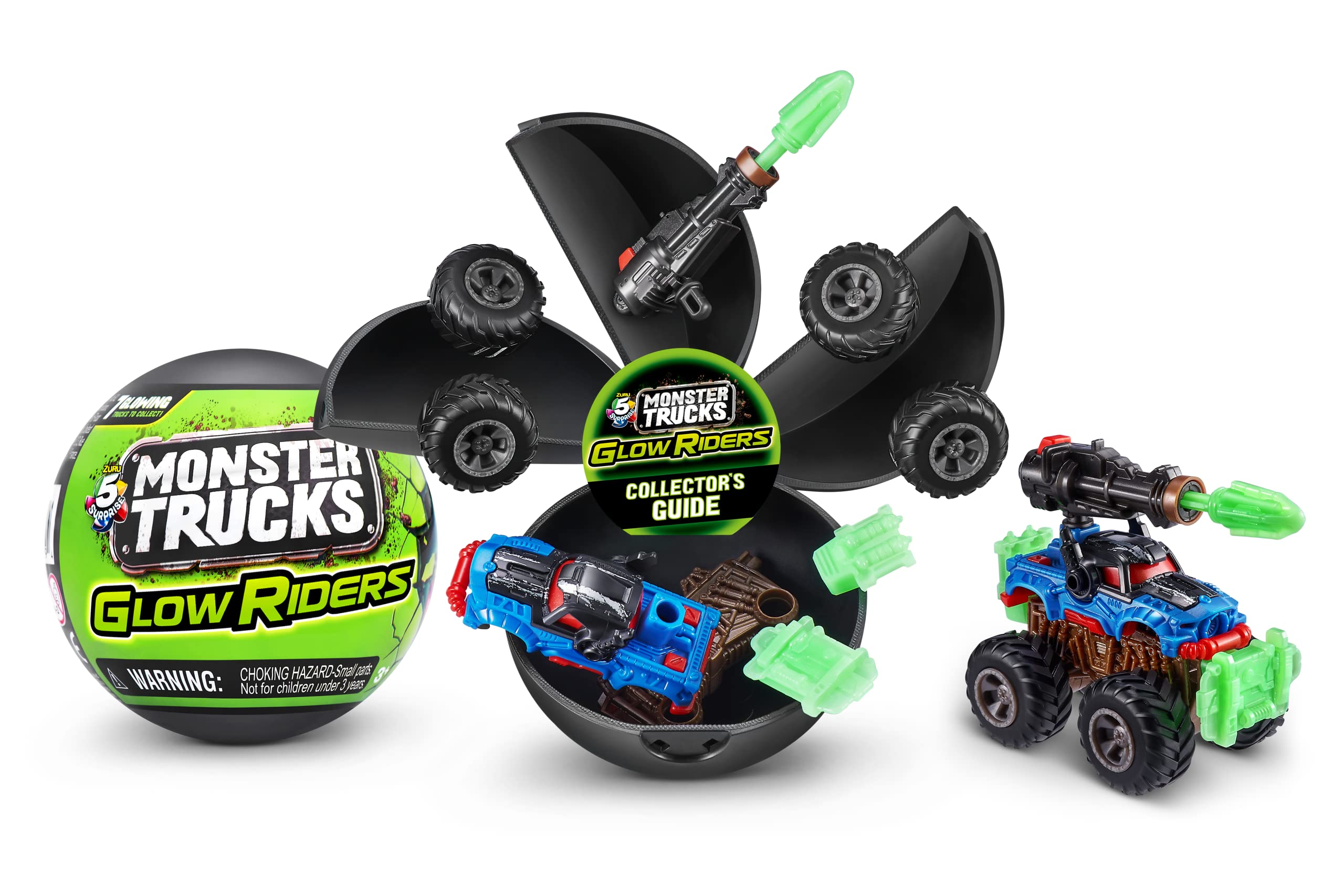 5 Surprise Monster Trucks Glow Riders Series 2 by ZURU (2 Pack) Glow in The Dark, Miniature Mystery Collectible Capsules, Mini Toy Truck, Battle Toys for Boys, Kids, Teens