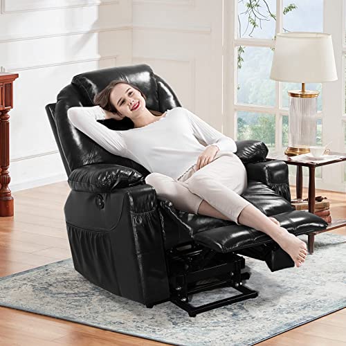 EMONIA Power Lift Recliner Real Leather Lift Chairs Recliners for Elderly with Massage and Heat for Elderly,OKIN Motor Lift Chairs,2 USB, 2 Cup Holder&4 Side Pockets (Black)