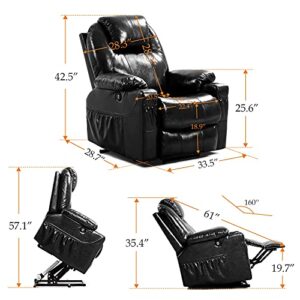 EMONIA Power Lift Recliner Real Leather Lift Chairs Recliners for Elderly with Massage and Heat for Elderly,OKIN Motor Lift Chairs,2 USB, 2 Cup Holder&4 Side Pockets (Black)