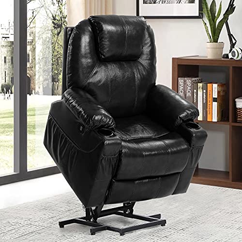 EMONIA Power Lift Recliner Real Leather Lift Chairs Recliners for Elderly with Massage and Heat for Elderly,OKIN Motor Lift Chairs,2 USB, 2 Cup Holder&4 Side Pockets (Black)