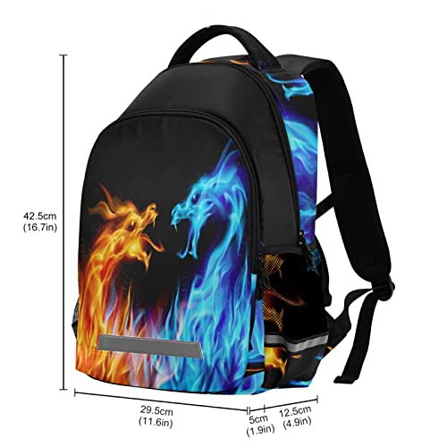 Fiery Dragons School Backpacks with Chest Strap for Teens Boys Girls,Lightweight Student Bookbags 17 Inch, Blue and Red Casual Daypack Schoolbags