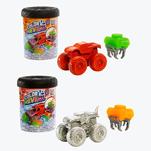 Hot Wheels Monster Trucks Color Reveal 2-Pack & Clip-On Water Tank, 2 Toy Trucks with Surprise Reveals (Styles May Vary)