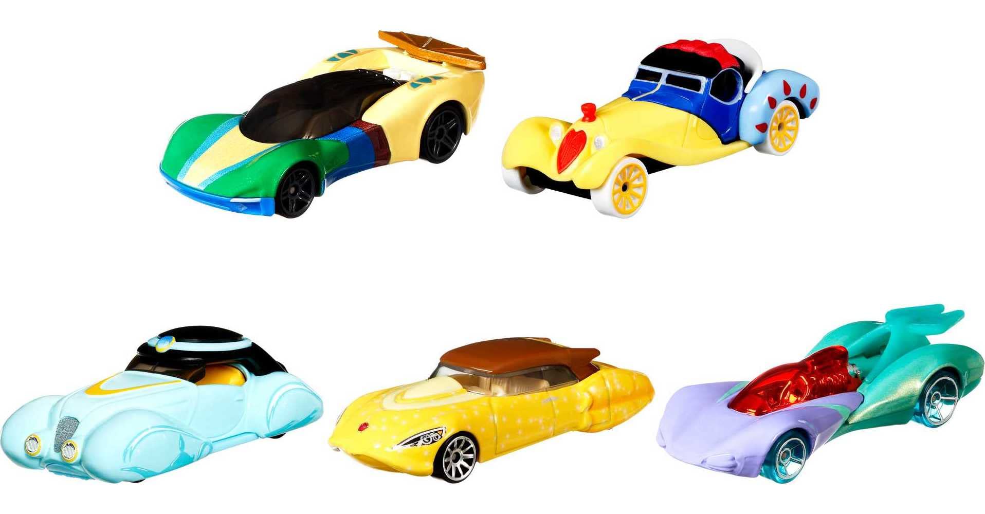 Hot Wheels Disney Princess Character Car 5-Pack, 5 Toy Cars in 1:64 Scale: Mulan, Snow White, Belle, Jasmine & Ariel