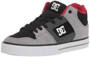 dc men's pure mid casual skate shoe, black/grey/red, 12
