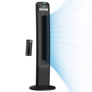 lasko ecoquiet oscillating tower fan, portable, remote control, timer, 12 quiet speeds, for living room, bedroom and office, 42", black, t42700, large