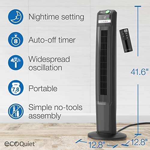 Lasko EcoQuiet Oscillating Tower Fan, Portable, Remote Control, Timer, 12 Quiet Speeds, for Living Room, Bedroom and Office, 42", Black, T42700, Large