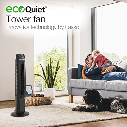 Lasko EcoQuiet Oscillating Tower Fan, Portable, Remote Control, Timer, 12 Quiet Speeds, for Living Room, Bedroom and Office, 42", Black, T42700, Large