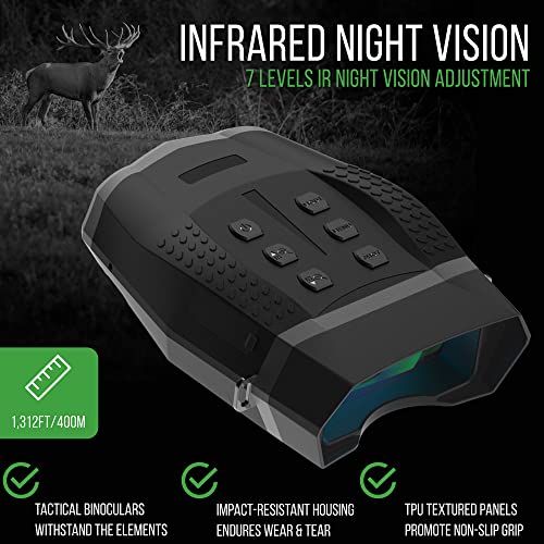 Bush Tech Night Vision Binoculars, Military-Grade Binoculars with Camera for Deer Hunting and Surveillance, Day and Night High-Power Binoculars with 4X Digital Zoom, 1312-Foot Range, 2.5” LCD Display