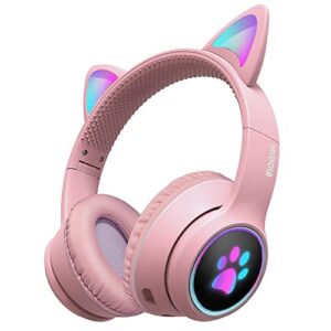 midola gaming bluetooth 5.0 wireless cat ear headphones over ear led light foldable music headset with aux 3.5mm (built-in) microphone for adult & kids girl boy game pad laptop cellphone pink
