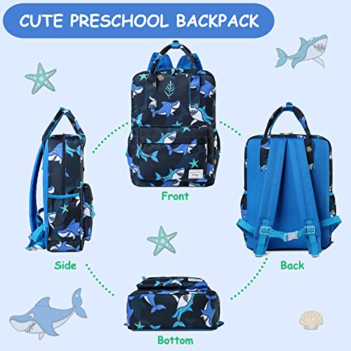 Kasqo Kids Backpack, Lightweight Water Resistant Preschool Toddler Bookbags for Little Boys and Girls with Chest Strap, Cute Shark