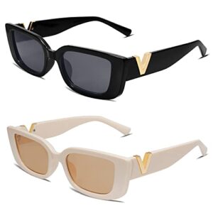 allarallvr rectangle cat eye thin sunglasses for women 90s retro trendy y2k aesthetic vintage square small shades ar82037(black+beige)