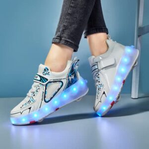 RESLIDE Light Up Roller Shoes for Girls Boys Double-Rows 4 Small Wheels Skate Sneakers Sneakers Outdoor Slip On Kids Sneakers for Children Kids Gift(13 US=31 CN,White Mesh)